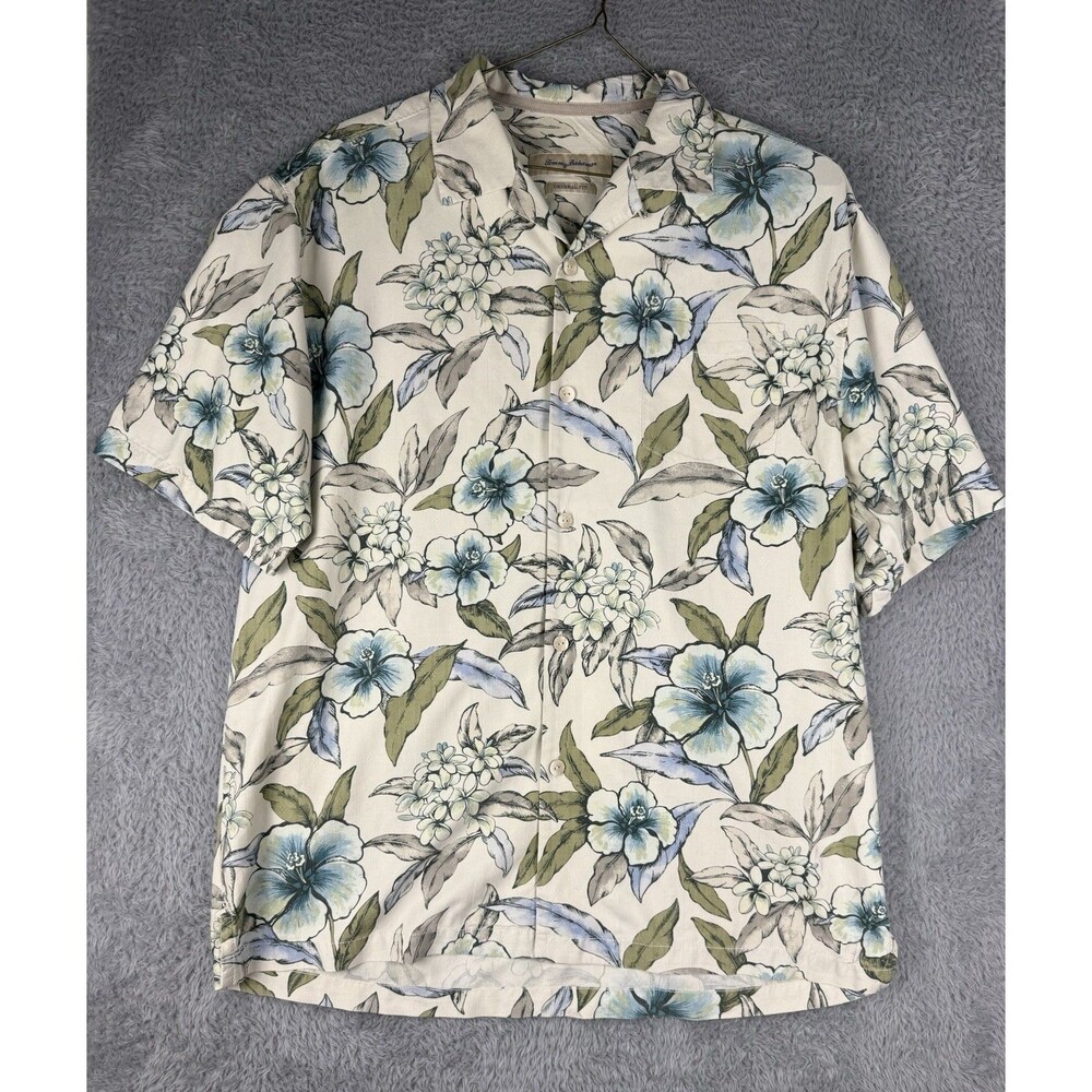 Tommy Bahama 100% Silk Hawaiian Shirt Mens L Ivory Floral Camp Aloha